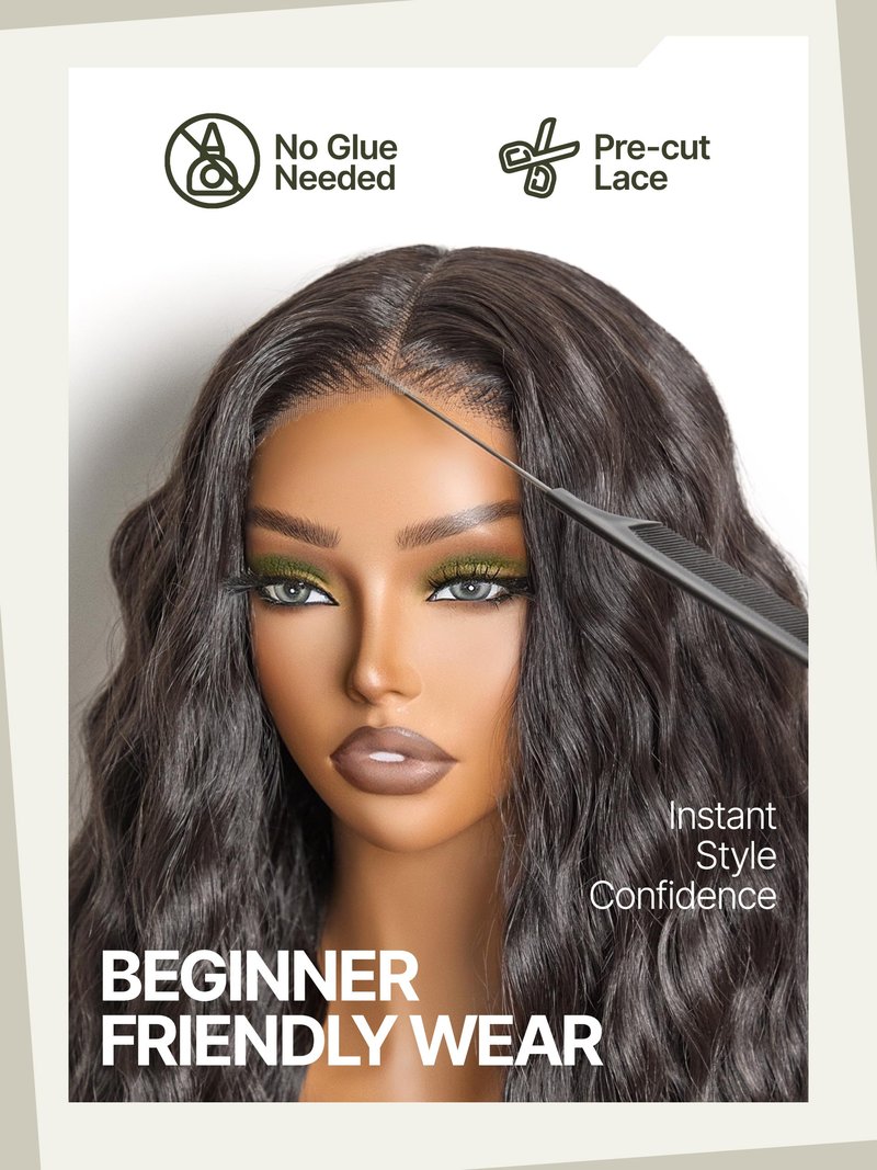 Frodio Veralux™ Blend Human Hair Easy Throw On Lace Wig Boho Curly Ocean Wave Lace Front Wigs Glueless Lace Wig Beginner Friendly 28 Inch HD Lace Glueless Wigs Natural Black Color