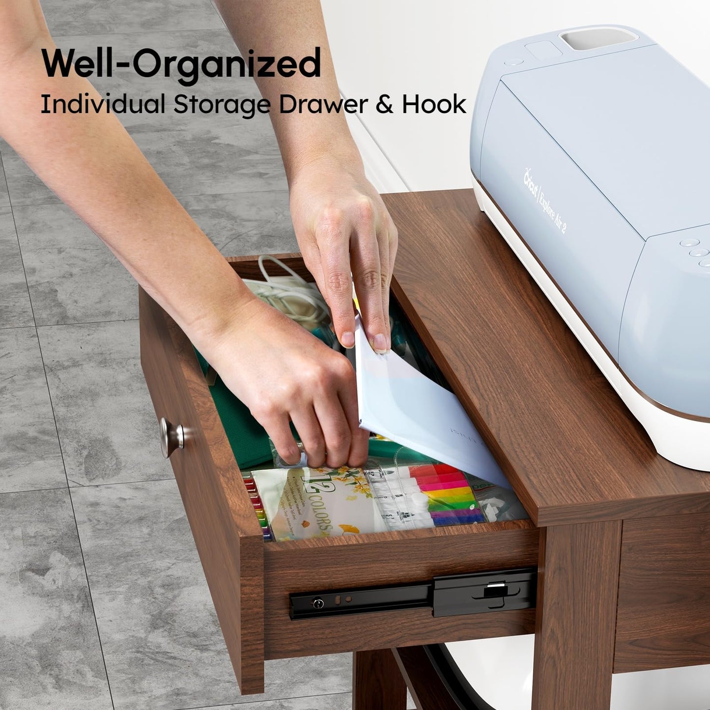 Yumkfoi Organizers and Storage Compatible with Cricut Machines, Rolling Craft Storage Cart with 10 Vinyl Roll Holders, Crafting Table Organization Workstation Desk Cabinet for Craft Room Home
