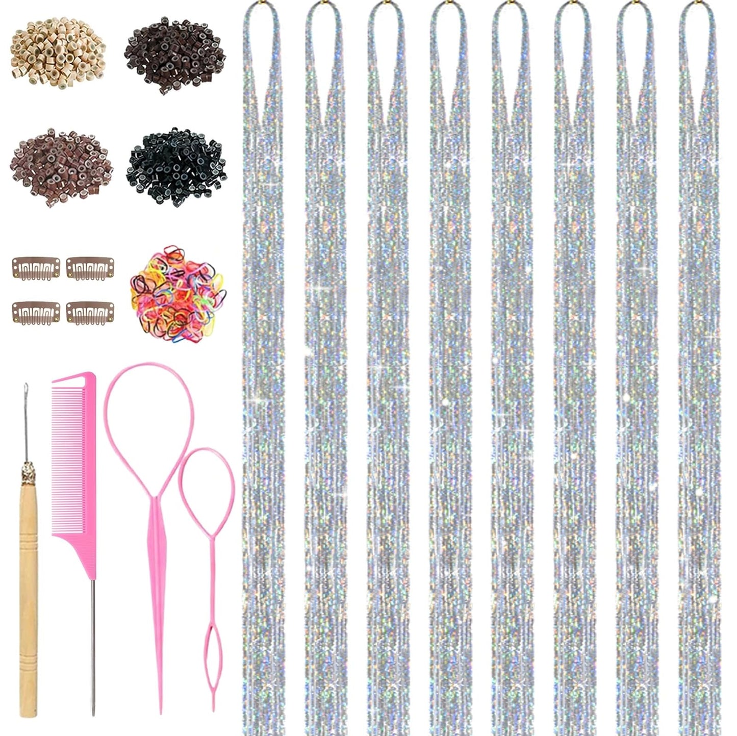 Sliver Hair Tinsel, 8 Pcs Fairy Hair Tinsel Kit for Girls Women 48 Inch 3200 Strands with Tools Hair Accessories Glitter Tinsel Hair Extensions for Party Festival Christmas (Sliver)