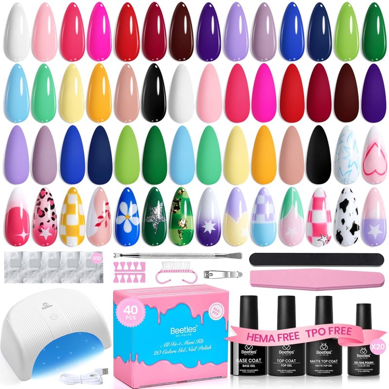 Beetles Gel Nail Polish Kit - 20 Vibrant Colors with UV Light | TPO & HEMA Free Base & Top Coat for DIY Nail Art