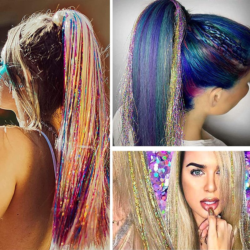 Hair Tinsel Kit (48 Inch, 24 Colors, 6000 strands), Tinsel Hair Extensions with Tools, Heat Resistant Glitter Hair Tinsel Kit for Women Hair Accessories