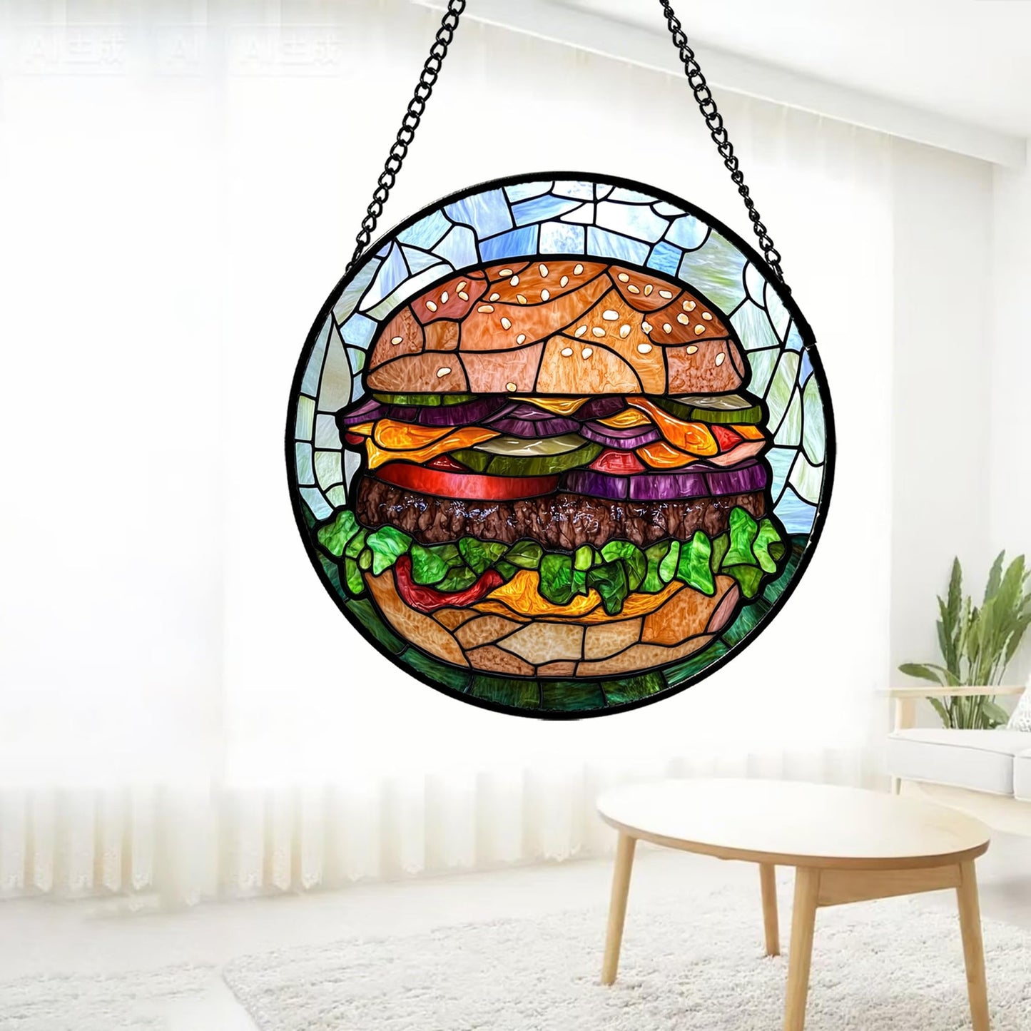 QZQCBLC Stained Glass Window Hanging Beef Burger 6.3" - Suncatcher Door Garden Kitchen Sun Catcher Decor Birthday Christmas for Mom Woman Nana Friend Men Kids
