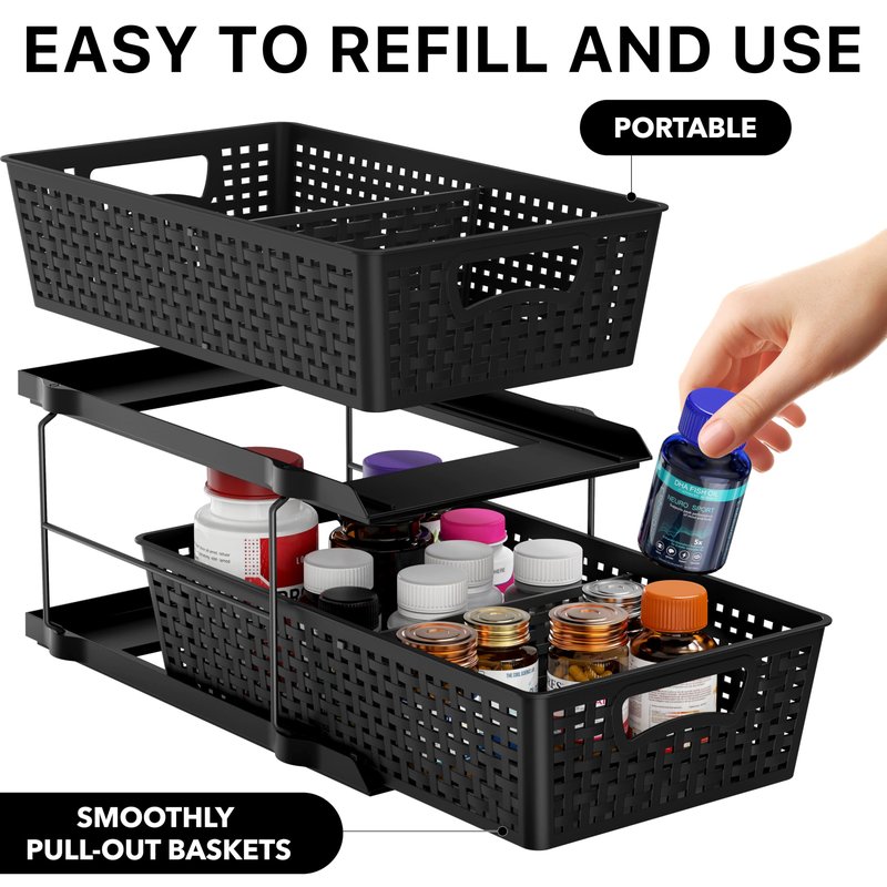 Simple Houseware 2 Tier Bathroom Organizer Tray Pull-Out Sliding Drawer, Under Sink Storage, Black