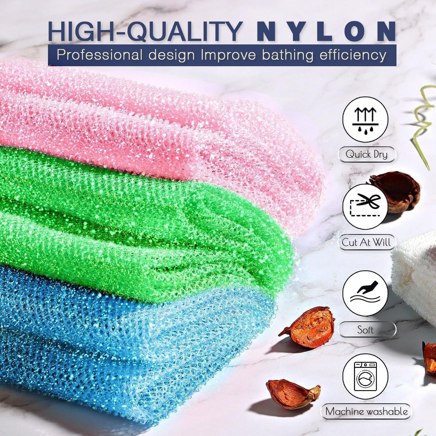 UJFQBH 3 Piece Bright Style African exfoliating net Exfoliating Shower Set Long Bath Sponges for Smooth, Refreshed Skin, The Exterior Gleams - Ideal for Daily Use (Bright Pink, Blue, Green)
