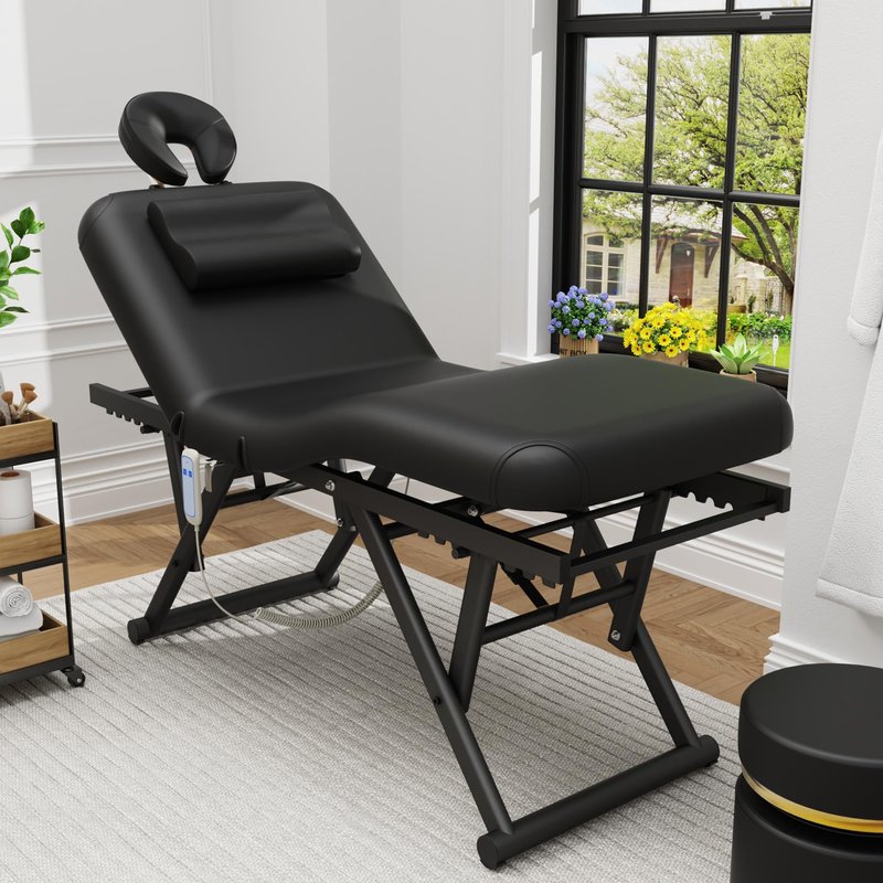 Electric Stationary Massage Table - Adjustable Massage Table with Manual Adjustable Backrest & Electric Leg Height , Treatment Tables with C-Shaped Pillow, Metal X-Frame, PU Leather for Beauty, Spa
