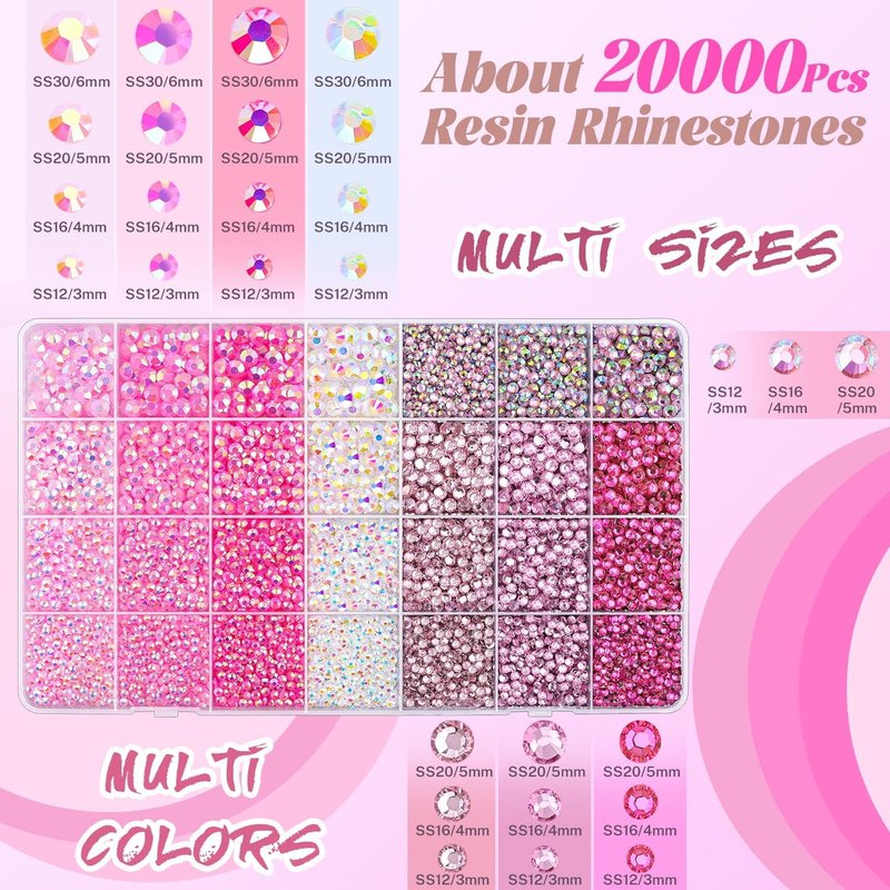Skiennix 20000 Pcs Pink Rhinestones - Bedazzling Kit with B7000 Glue for DIY Crafts & Nail Art | Assorted Sizes 3-6mm