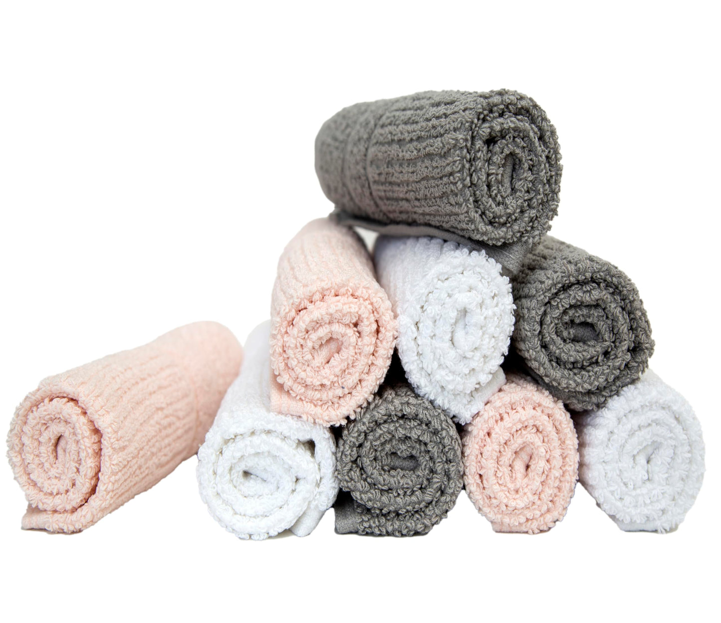 PH Pleasant Home Ribbed Wash Cloths Set - 12 Pack (12” x 12”) – 509 GSM - 100% Ring Spun Cotton Wash Cloth - Super Soft and Highly Absorbent Face Towels (Light Grey, White & Pink)