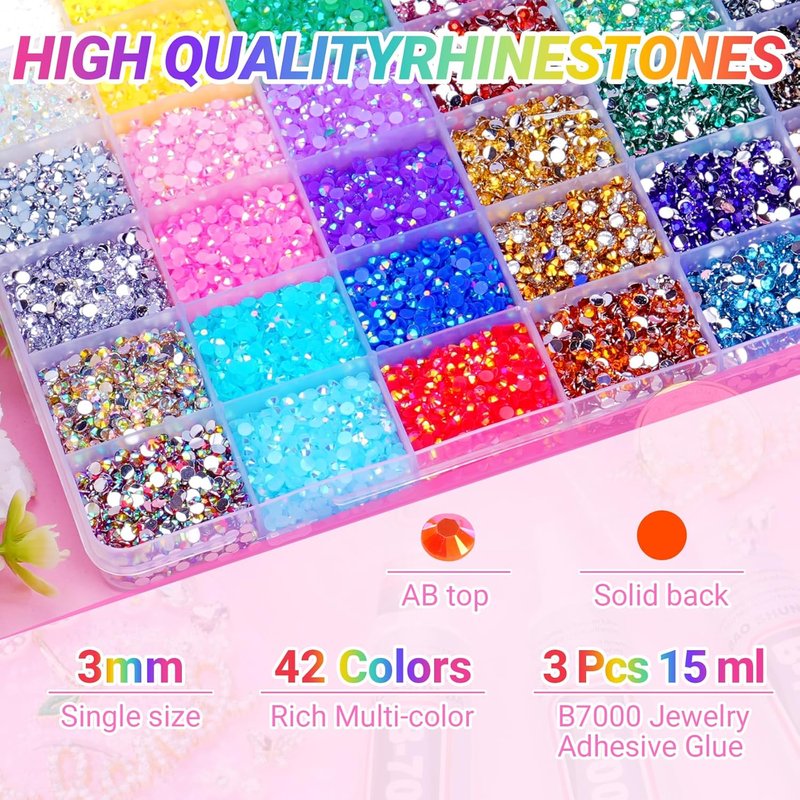 Jelly Rhinestones by 46000Pcs - 42 Colors of 3mm Multicolor Flatback Gems | Crystal Bedazzler Kit with B7000 Glue for Clothing, Shoes, Jewelry, and Nail Art