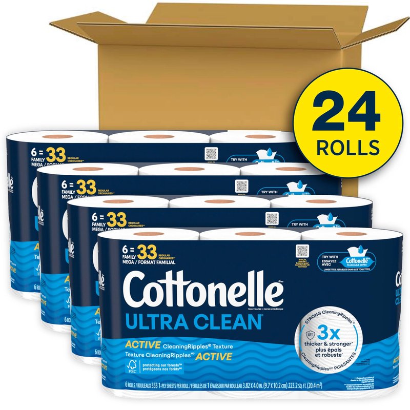 Cottonelle Ultra Clean Toilet Paper with Active CleaningRipples Texture, Strong Bath Tissue, 1-Ply, White, 24 Family Mega Rolls = 132 Regular (4 Packs of 6)