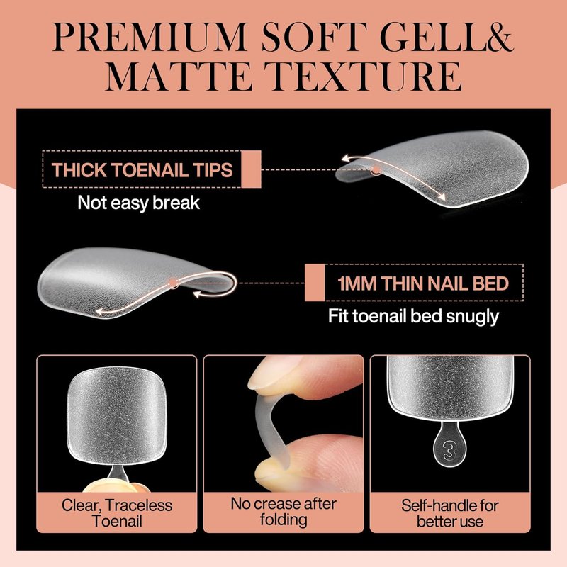Luckyfairy Full Matte Square Press-On Toenails | 360pcs Smoothly Curved Tips in 12 Sizes