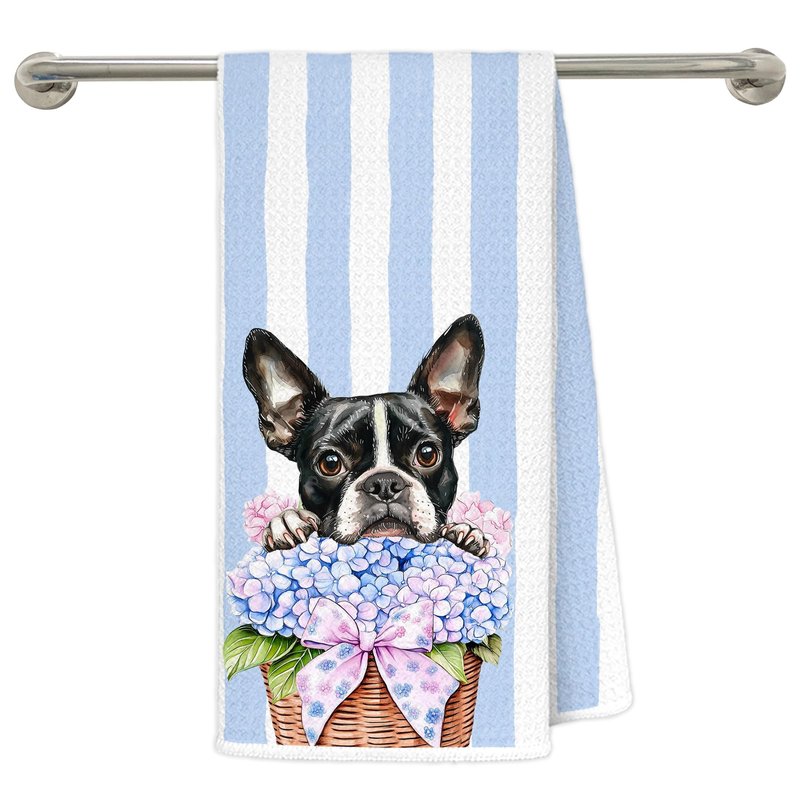 awdschkj Rustic Hydrangea French Bulldog Kitchen Towels, Gifts for French Bulldog Lovers Dish Tea Towels, Blue Striped Chinoiserie Floral Frenchie Dog Decorative Hand Towel for Bathroom, 16x24 Inches