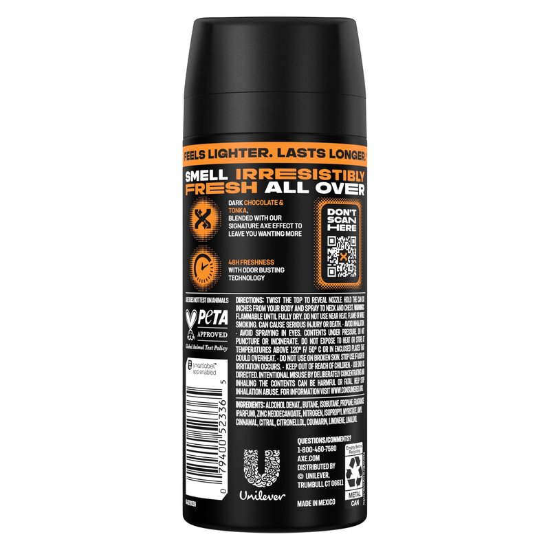 AXE Body Spray 4 Count Dark Temptation 48 Hour All Over Fresh Aluminum Free 2.9 oz
