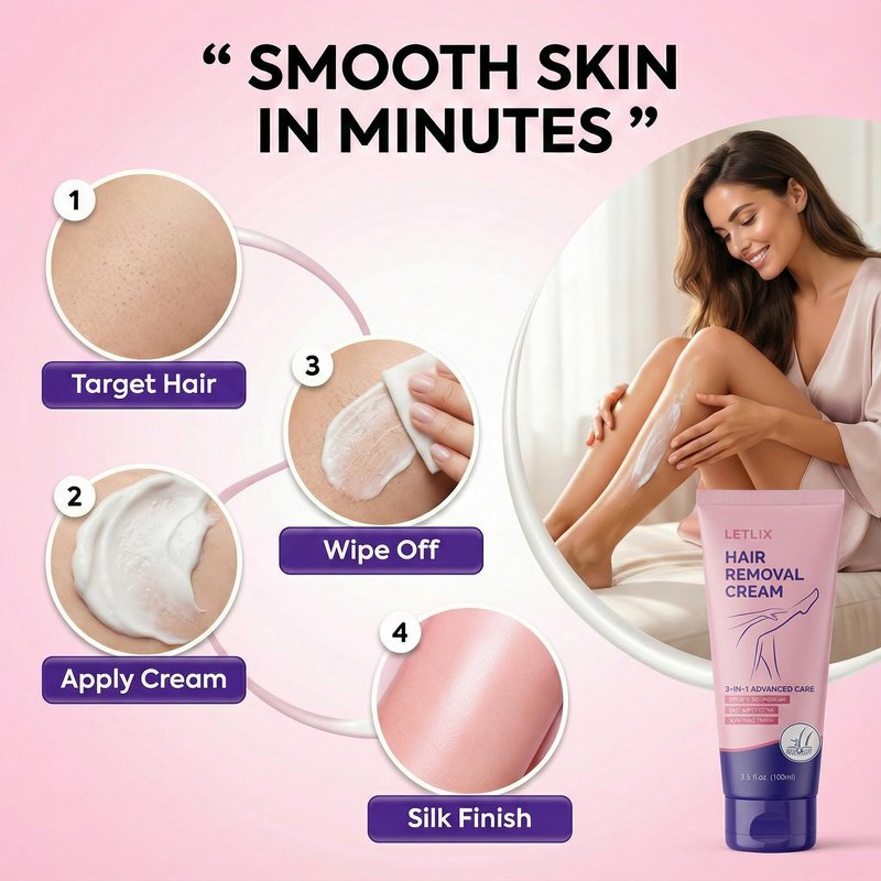 LETLIX Hair Removal Cream for Sensitive Skin - Painless Depilatory Cream for Women and Men Legs, Underarms & Body - Gentle Hair Remover with Squalane, Aloe Vera & Hyaluronic Acid - 4.06oz