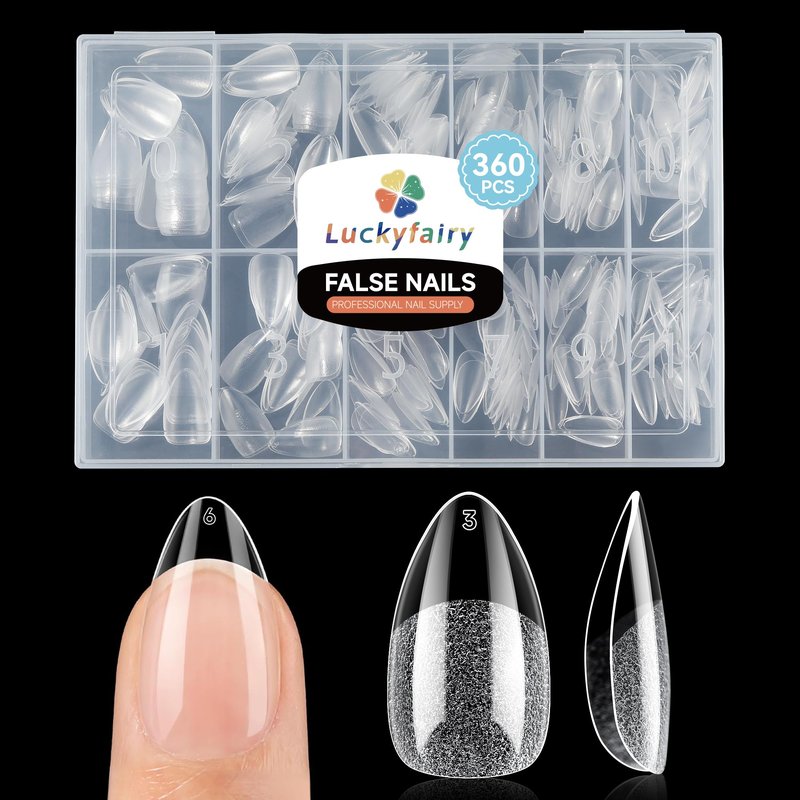 Luckyfairy Short Almond Gel Nail Tips 360Pcs, Pre Etched Nail Tips Almond Shape Full Cover Soft Gel Fake Nails for Nails Extension DIY Art Salon 12 Sizes