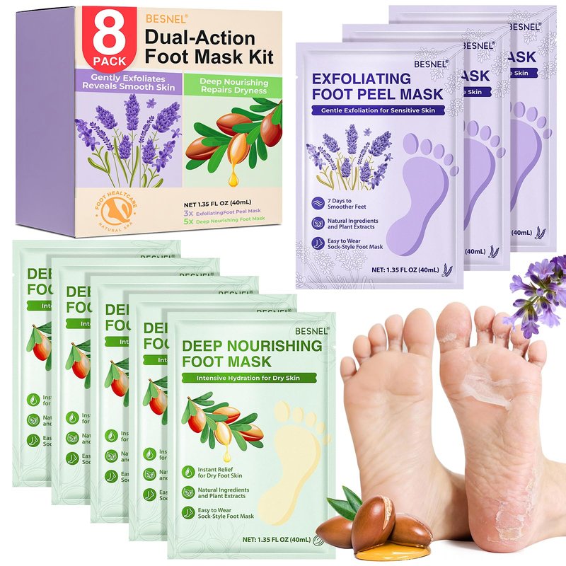 BESNEL 5Pack Moisturizing＆3Pack Foot Peeling Foot Mask, Teacher Appreciation Gifts, Hydrating Foot Masks Dry Cracked Feet, Soothing Moisturizer Socks Repair Rough Heels＆Baby Soft Feet(8P)