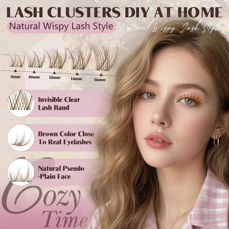 JMS&JMS Brown Lash Clusters Natural Wispy Lash Clusters Brown Eyelash Clusters Clear Band C Curl DIY Cluster Lashes 8-16mm