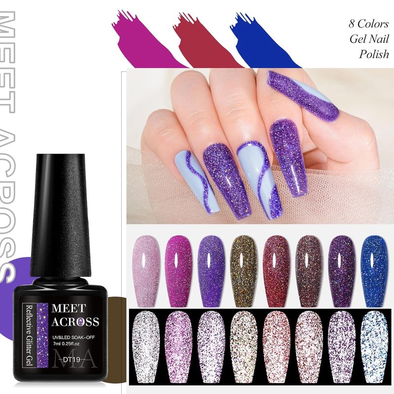 Reflective Glitter Gel Nail Polish Set - 8 Colors for DIY Manicure | UV/LED Soak Off, Pink, Purple, Blue