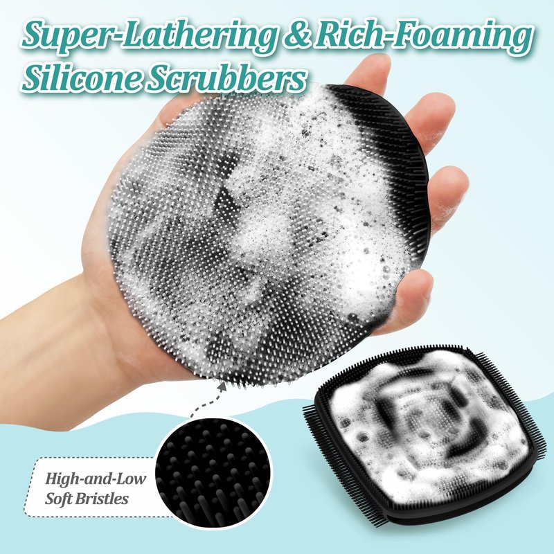 GEENOA Silicone Body & Face Scrubber Set, 360° Anti-Slip & Hand-fit Silicone Shower Scrubber for Rich Foaming Deep Cleaning, Unique Facial Scrubber with Side-bristles for Contoured Areas.(Black)