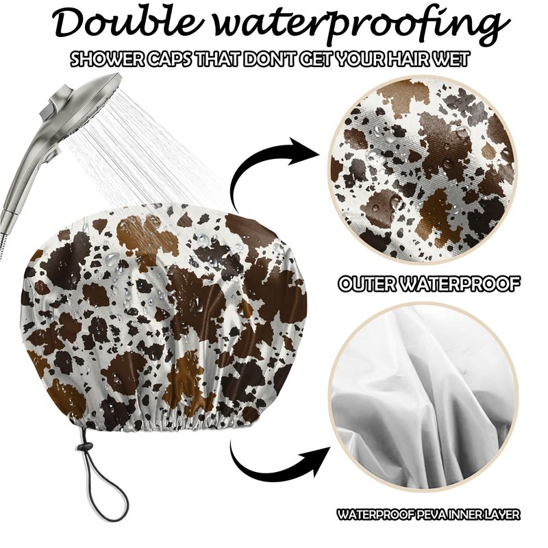 Deokke 2 PCS Shower Cap Reusable Waterproof Adjustable Double Layer Elastic Dry Hair Bathing Caps Aesthetic Cute for Women Girls-Spot Cowhide