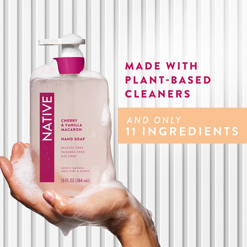 Native Liquid Hand Soap, Cherry & Vanilla Macaron Scent, Non-Drying Formula for Soft, Smooth Hands, Made with Plant-Based Cleansers, Sulfate & Paraben Free, 13 oz Bottle