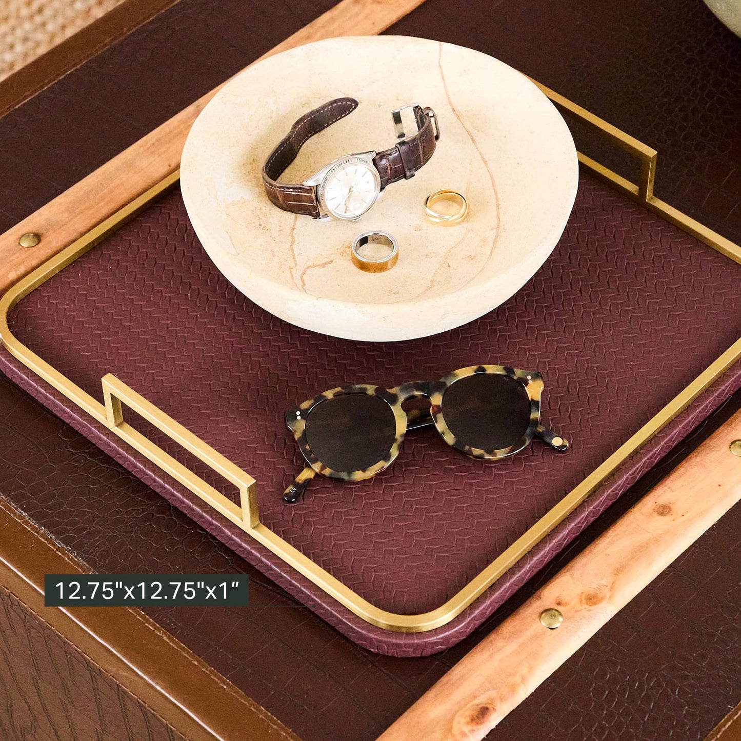 Preston Lane Mayfair Decorative Tray – Vegan Leather with Woven Texture, Brushed Brass Handles – Serving, Dresser & Coffee Table Tray, Espresso 12.8 x 12.8 x 1