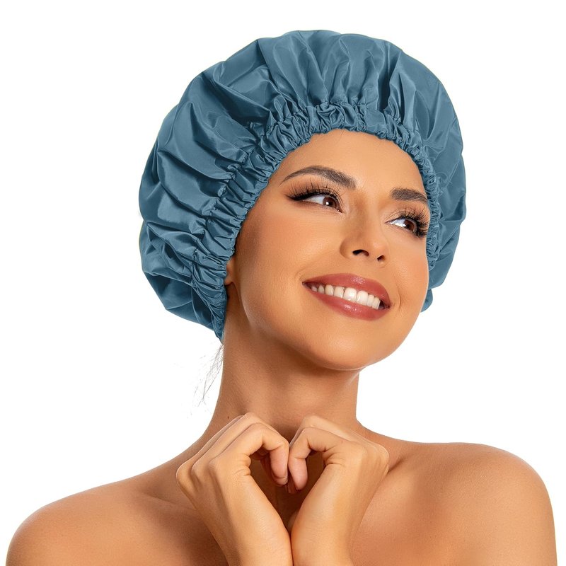 Reusable Shower Cap for Women - Large Waterproof Hair Bonnet with Elastic Band | Ideal for Long, Curly Hair - Haze Blue
