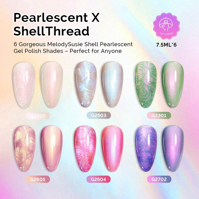 MelodySusie Pearl Gel Nail Polish Set, 6 Colors Aurora Shimmer White Green Pink Purple Blue Iridescent Mermaid Drawing Glitter Gel Polish Soak Off Swirl Shell Thread Effect Nail Art Gifts for Women