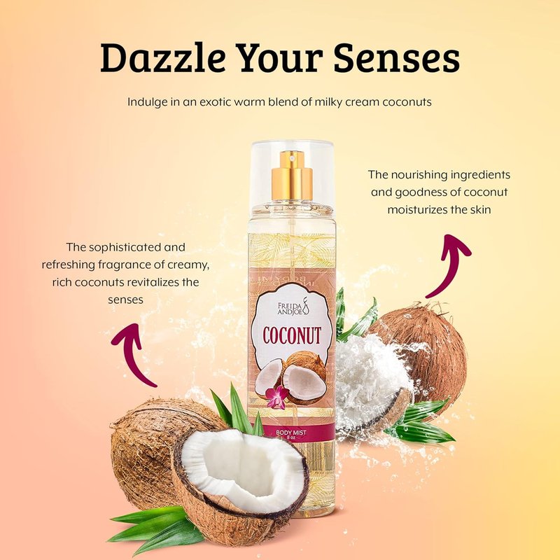 Freida and Joe Luxurious Coconut Body Mist Fine Fragrance, Women's Warm & Cozy Luxury Scented Gifts & Presents, 8oz Fine Mist Spray Bottle (Coconut) – Mother's Day Gift for Mom