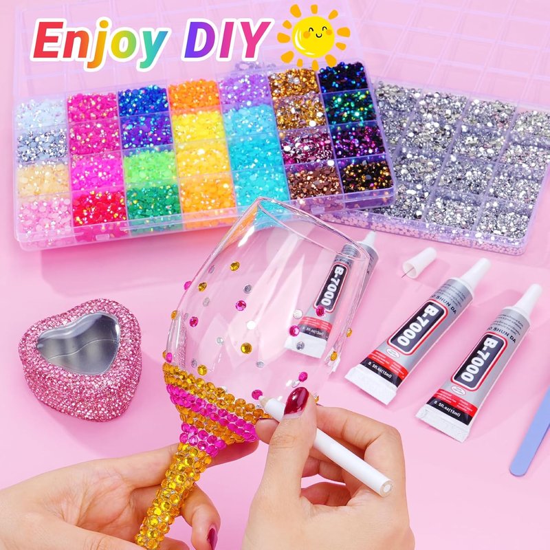 Jelly Rhinestones for Crafting - 61000 Pcs Multicolor & Silver Flatback Gems | 3mm & 2/3/4/5/6mm Sizes with 15ml B7000 Glue