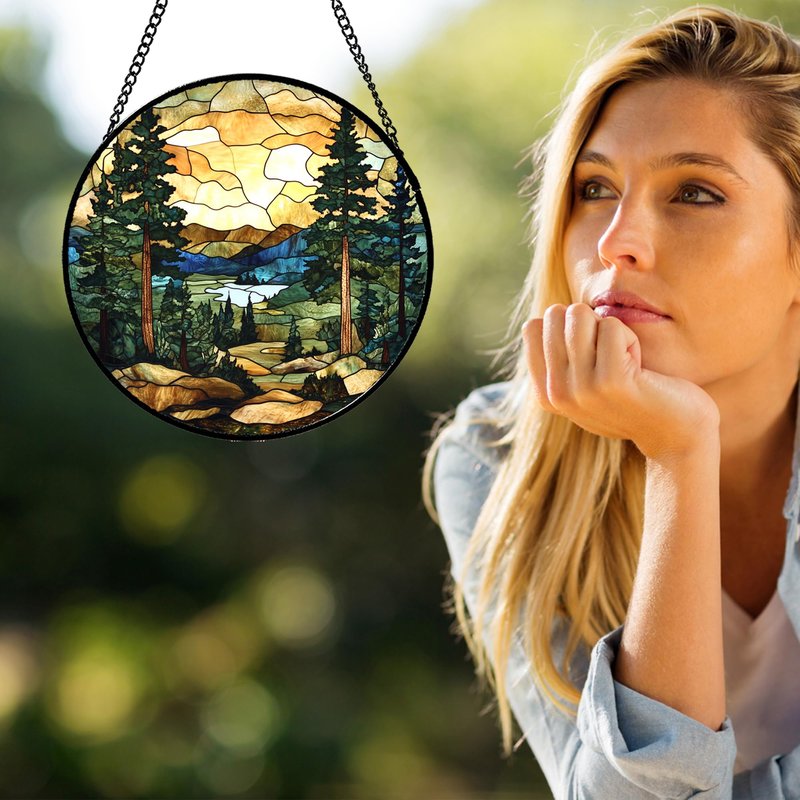 GEFOS Stained Glass Window Hanging Forest Lake Mountain Sunset 7.8" - Suncatcher Door Garden Sunroom Sun Catcher Home Decor Birthday Christmas for Mom Men Woman Nana Friend