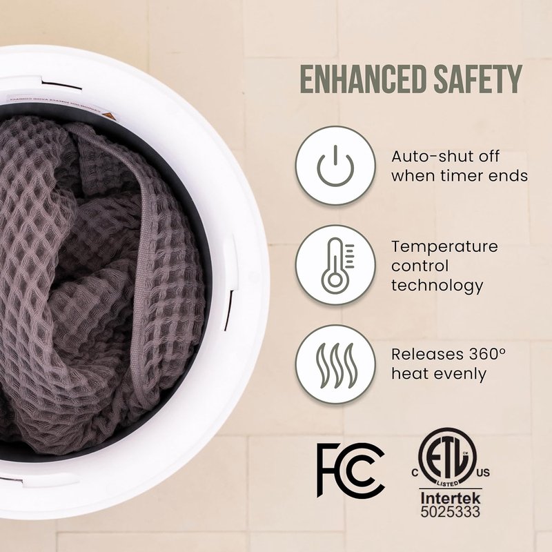 Fontaines Luxury Towel Warmer - Large Heated Thermal Bucket with Wood Handle | Safe Auto Shut Off, Fits Two Oversized Towels (40x70) - White