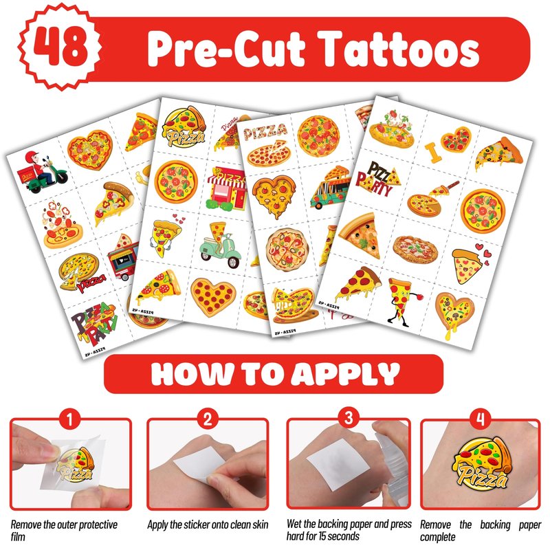 72PCS Pizza Party Set 48PCS Temporary Tattoos 24PCS Slap Bracelets Fun Food Themed Birthday Supplies, Baby Shower Gifts, Classroom Rewards & Party Decor for Kids Boys & Girls