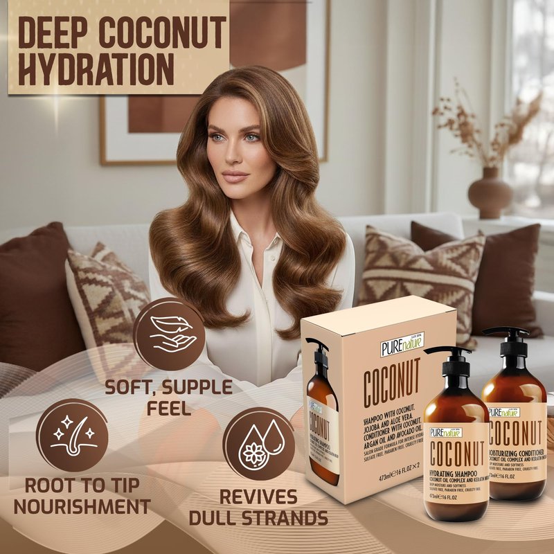 Coconut Shampoo and Conditioner Set - Sulfate Free - Deep Hydrating and Smoothing for Dry, Frizzy, Damaged Hair - Moisturizing, Shiny, Anti Frizz Salon Products for Women and Men - 16 Fl Oz (Set of 2)