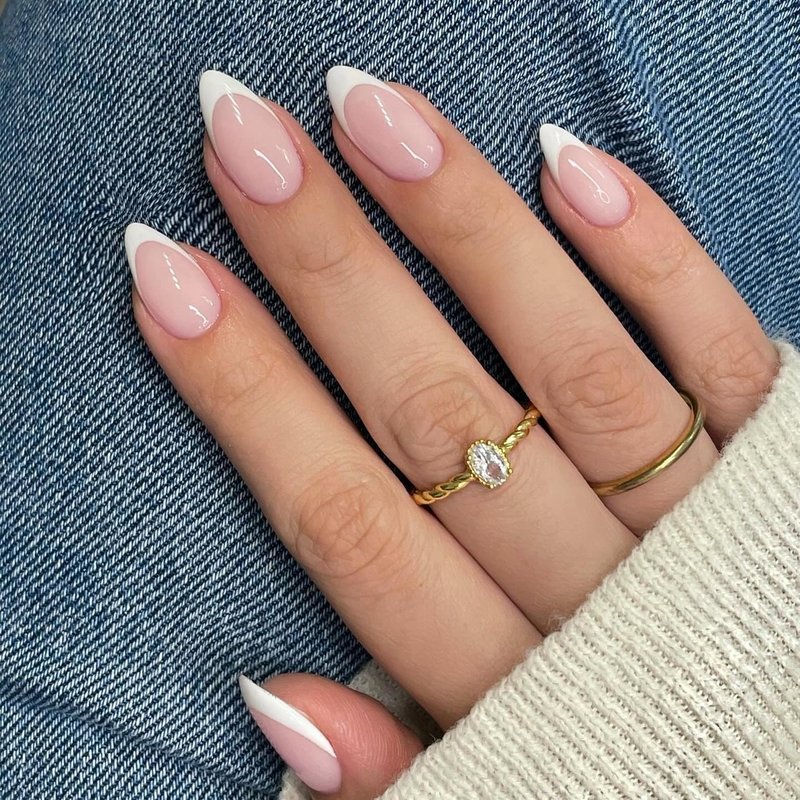 Press On Nails Short Almond - White French Tip Fake Nails with Glue | 15 Sizes, Realistic Soft Gel Design