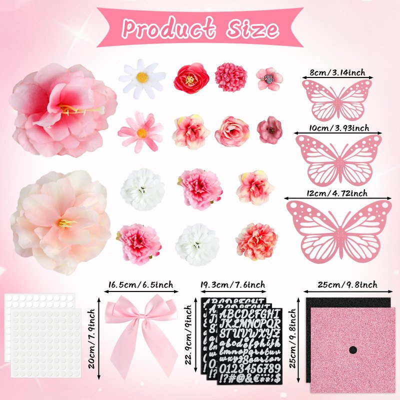 Naozinebi 55 Pcs Pink DIY Graduation Cap Decorations Faux Assorted Flowers Pink Bows 3D Butterfly Stickers Glitter Alphabet Letter Number Decals for DIY Hat Grad Cap Topper Graduation Party Supplies