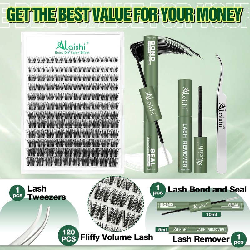 AILAISHI Wispy Lash Clusters Kit Natural Eyelash Clusters 10-18mm Lash Extension Kit 120pcs D Curl Manga Eyelash Extensions Kit with Lash Bond and Seal, Remover, Tweezers for 3D DIY （MIX1-1-L）