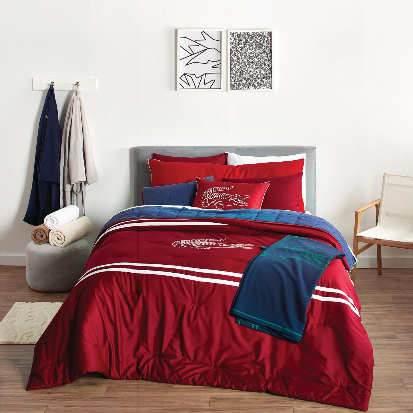 Lacoste Big Croc Comforter Set – 100% Cotton Percale 180-Thread Count, Reversible Duvet & Pillow Shams, Soft Breathable, Iconic Croc Logo, Rio Red, Twin