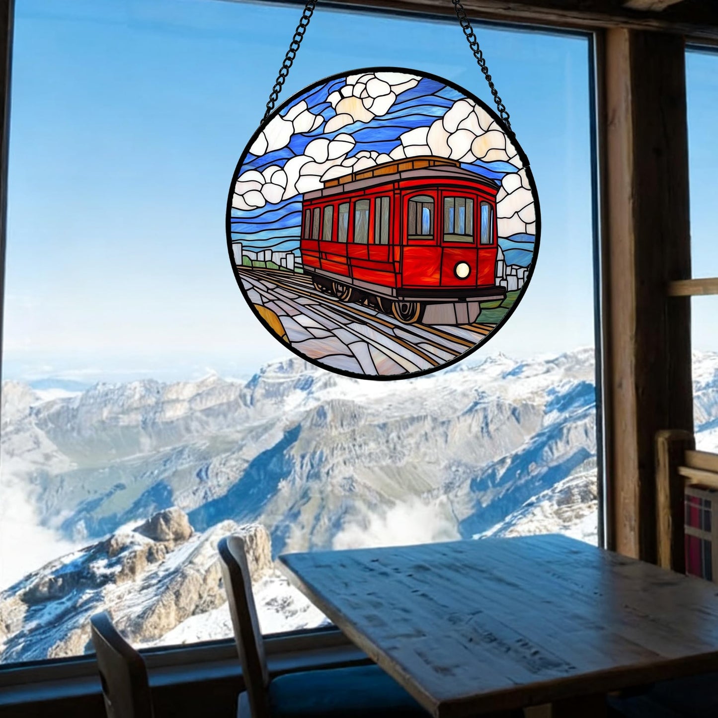 QZQCBLC Stained Glass Window Hanging Red Trams Under Blue Sky White Clouds 6.3" - Suncatcher Door Garden Sun Catcher Home Decor Birthday Christmas for Men Mom Woman Wife Nana