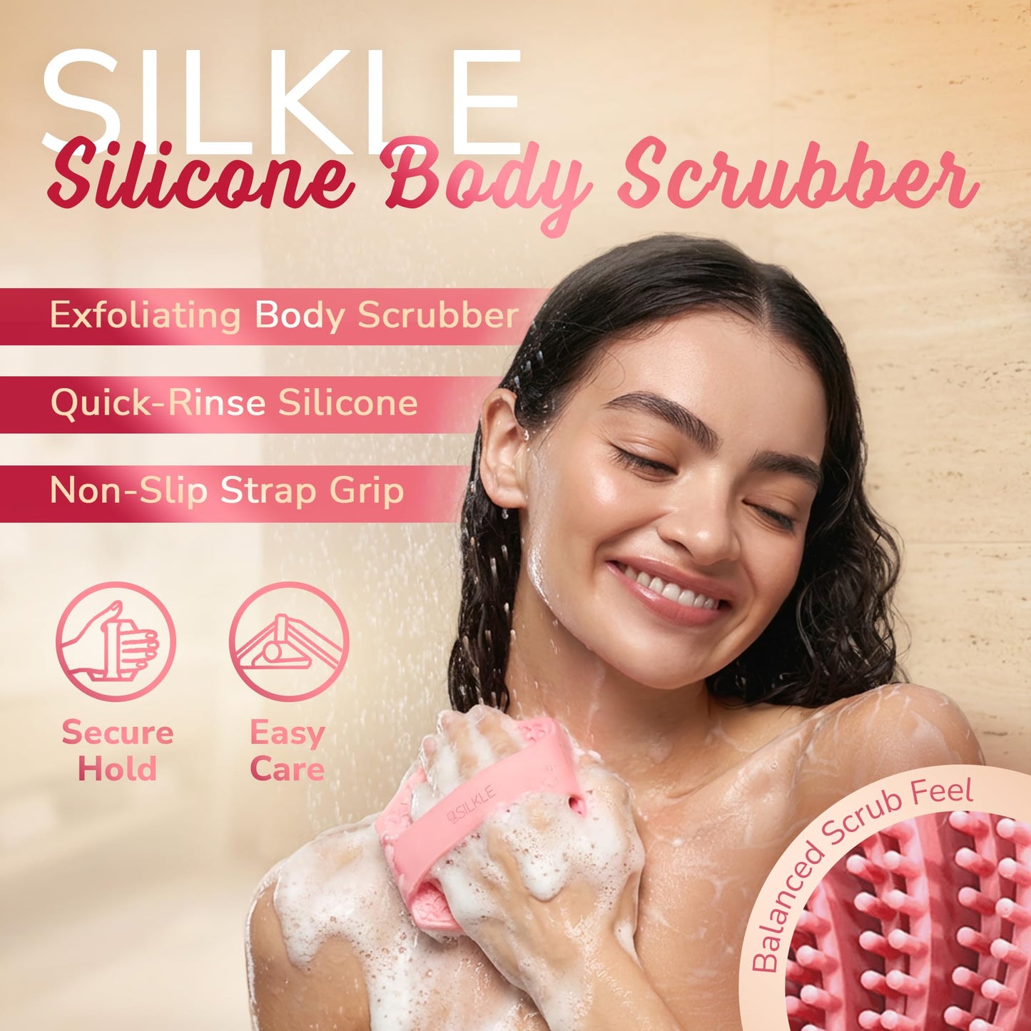 SILKLE Silicone Body Scrubber – Gentle Exfoliating Shower Scrubber for Body & Bath, Silicone Shower Brush & Loofah Alternative – Non-Slip Silicone Body Brush, Quick Dry, Hygienic - Pink
