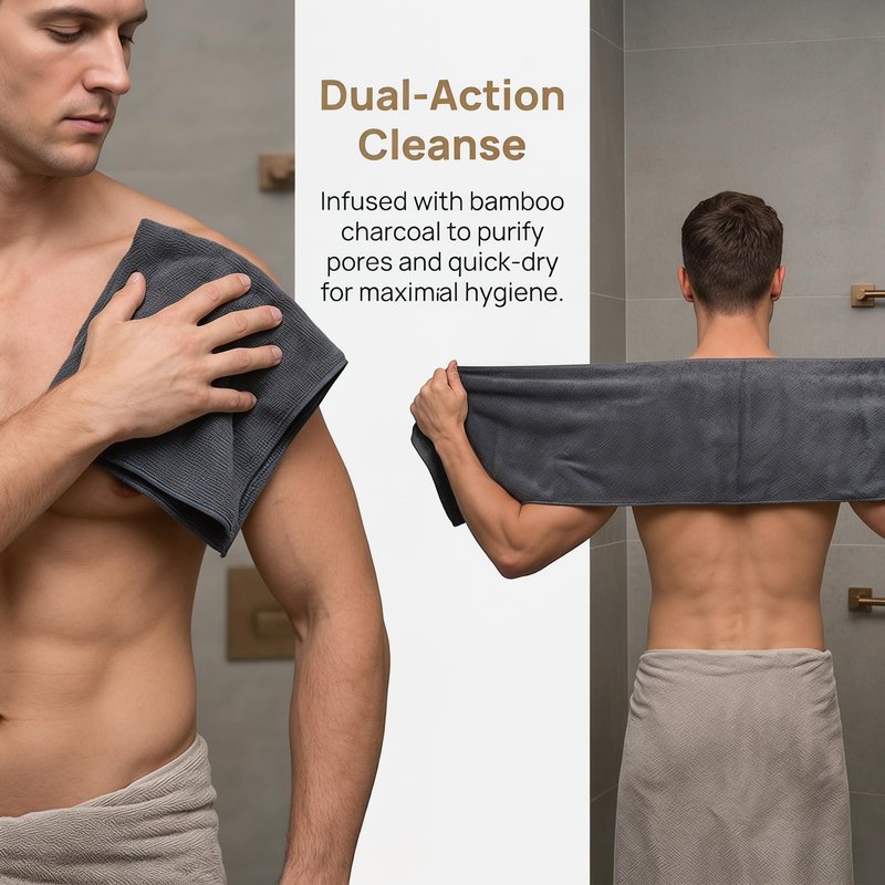 Blussal Exfoliating Shower Towel, Premium Scrub Wash Cloth for Body Face, 2-in-1 Deep Exfoliatings Towels-Body Scrubber with 2 Sides for All Skin Types Woman and Men (Black)