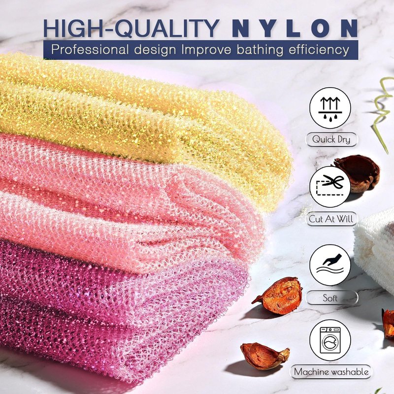3 Piece Bright Style African exfoliating net Exfoliating Shower Set Long Bath Sponges for Smooth, Refreshed Skin, The Exterior Gleams - Ideal for Daily Use (Bright Yellow, Pink, Purple)