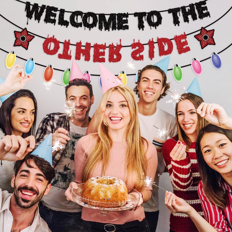 71pcs Birthday Party Decorations Include 3 Pre-Strung Welcome to The Other Side Banner 2 Hanging Banner 12pc Hanging Swirls with 12 Double-Side Cardstock for Party