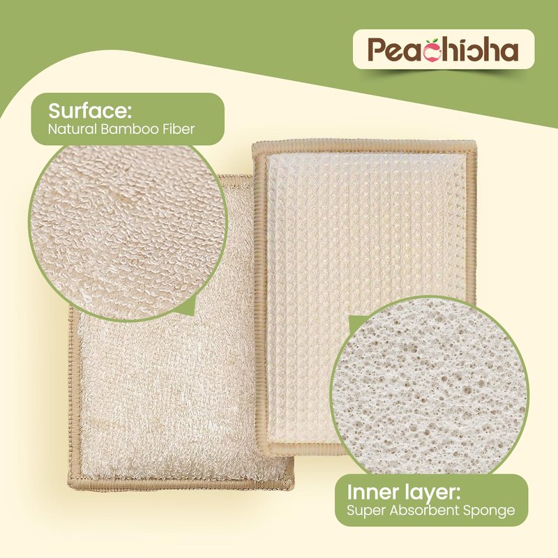 PEACHICHA Bamboo Sponges for Dish Washing Reusable Dish Sponge Multi Use Kitchen Sponges Non-Scratch Reusable Cleaning Pads for Dishes, Pots and Pans, Pack of 5