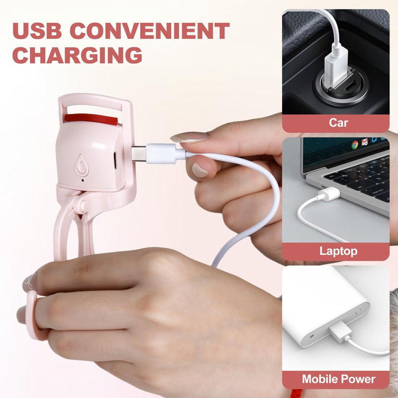 Heated Eyelash Curler for Women, C Curl Electric Lash Curler, Anti-Burn Silicone Pad, Fast Heat-Up, Rechargeable Portable Makeup Tool for Straight Lashes, Pink