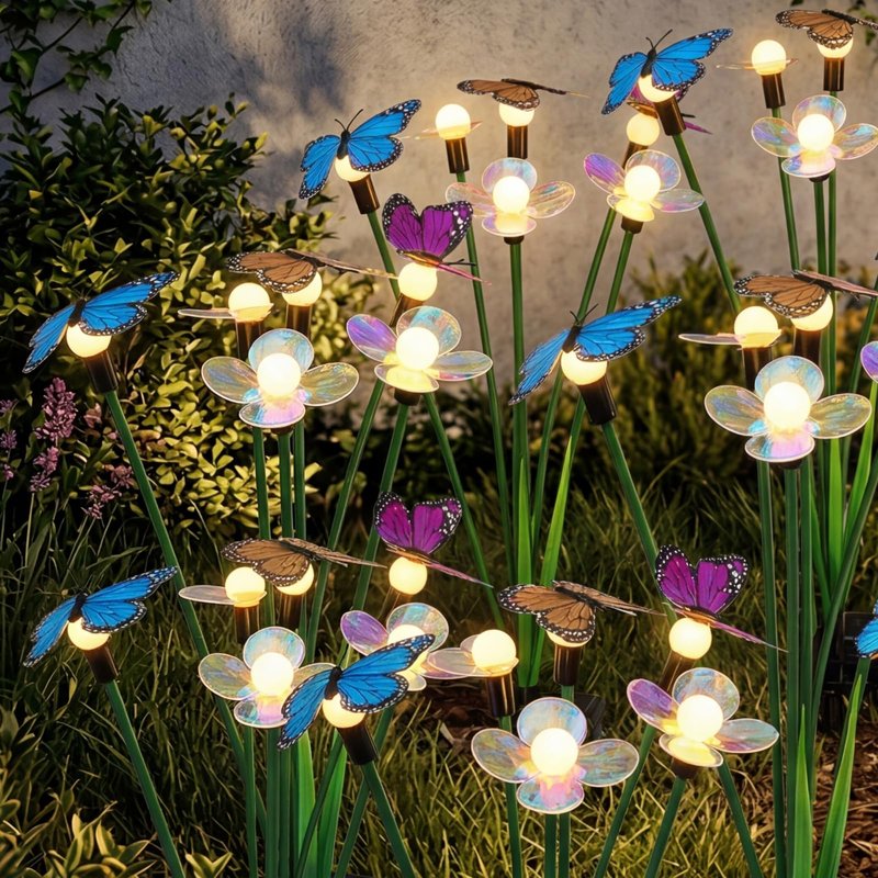 Hoikwo Solar Garden Flower Lights 4 Pack, Swaying Butterfly Flower Stakes Outdoor, Lifelike Butterflies and Flowers with 6 LED Warm Lights, Solar Lights Decor for Yard, Patio, Garden, Pathway