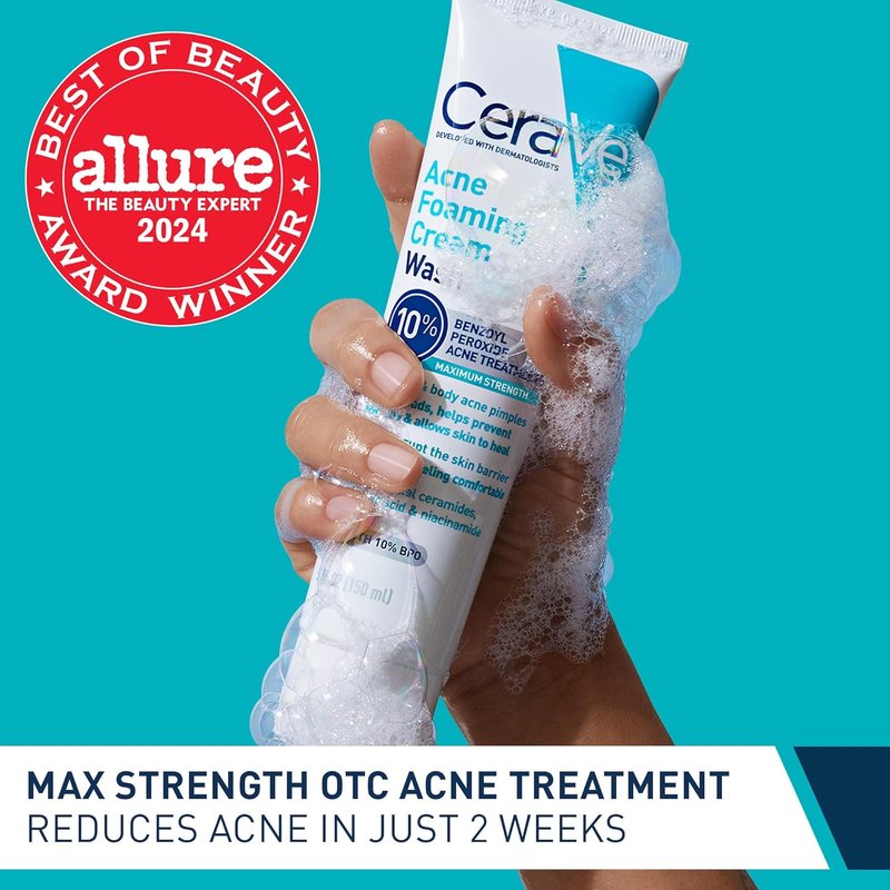CeraVe Acne Foaming Cream Wash - Gentle Cleanser with 10% Benzoyl Peroxide & Hyaluronic Acid | 5 Oz