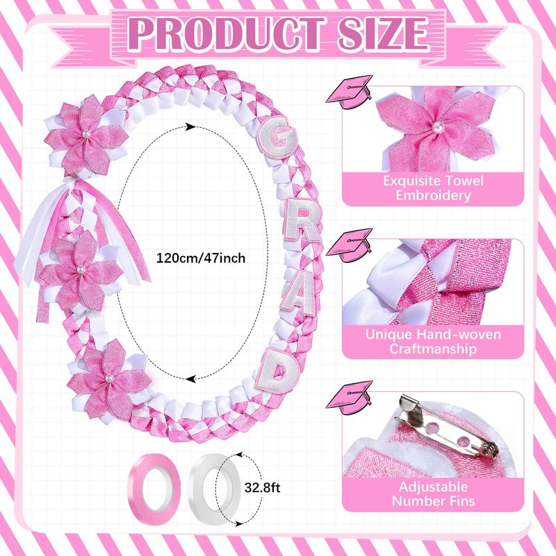 Knitgrip 2026 Graduation Leis with Pins Class of 2026 47.2 Inch Double Braided Graduation Necklace DIY Handmade Money Leis Grad Party Accessories for Kindergarten Elementary Middle School(Pink,Cute)