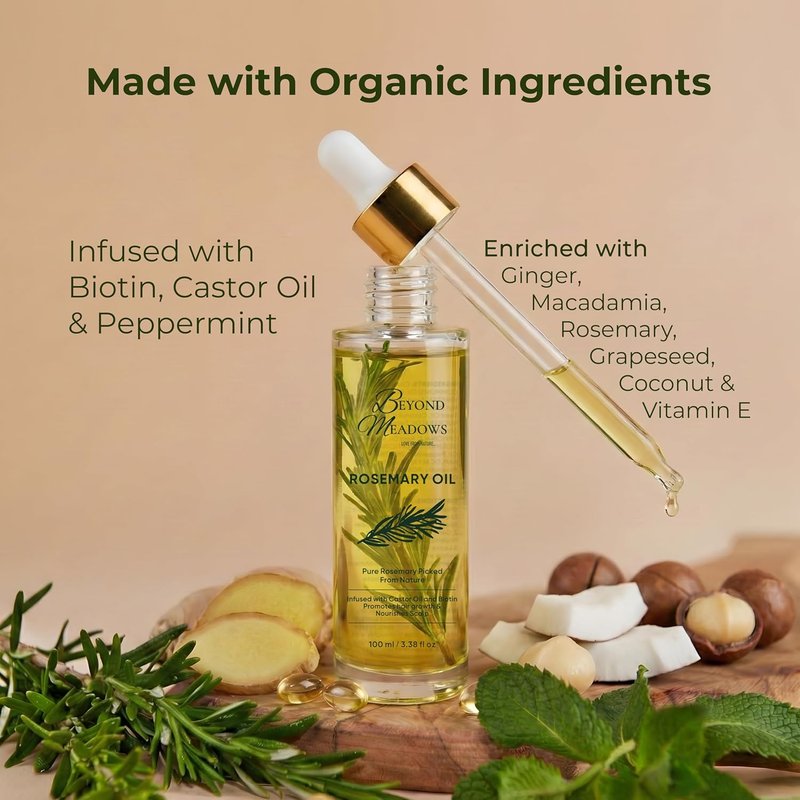 Organic Rosemary Oil for Hair Growth - Infused with Biotin, Castor Oil & Peppermint for Stronger Roots | 3.38 fl oz