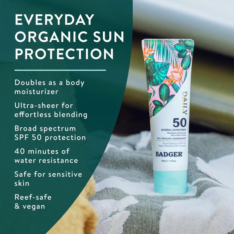 Badger SPF 50 Daily Mineral Sunscreen with Zinc Oxide, 85% Organic, Lightweight & Easy to Apply, No White Cast, Moisturizing, Reef Safe, Vegan, Unscented, 4 fl oz