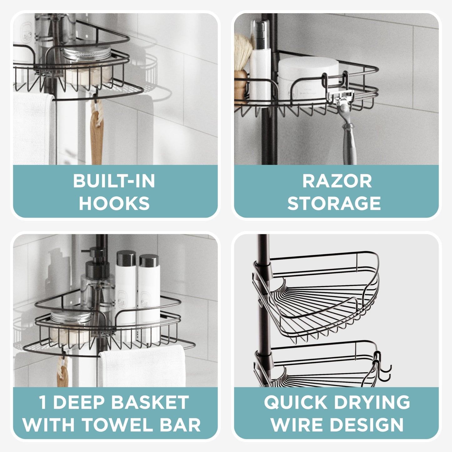 Zenna Home Tension Pole Shower Caddy Corner Organizer, Adjustable Standing Shower Caddy with 4 Baskets and Built in Towel Bar, Rust Resistant Bathroom Tension Rod Organizer, 60 to 97 Inch, Bronze